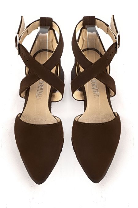 Dark brown women's open side shoes, with crossed straps.. Top view - Florence KOOIJMAN